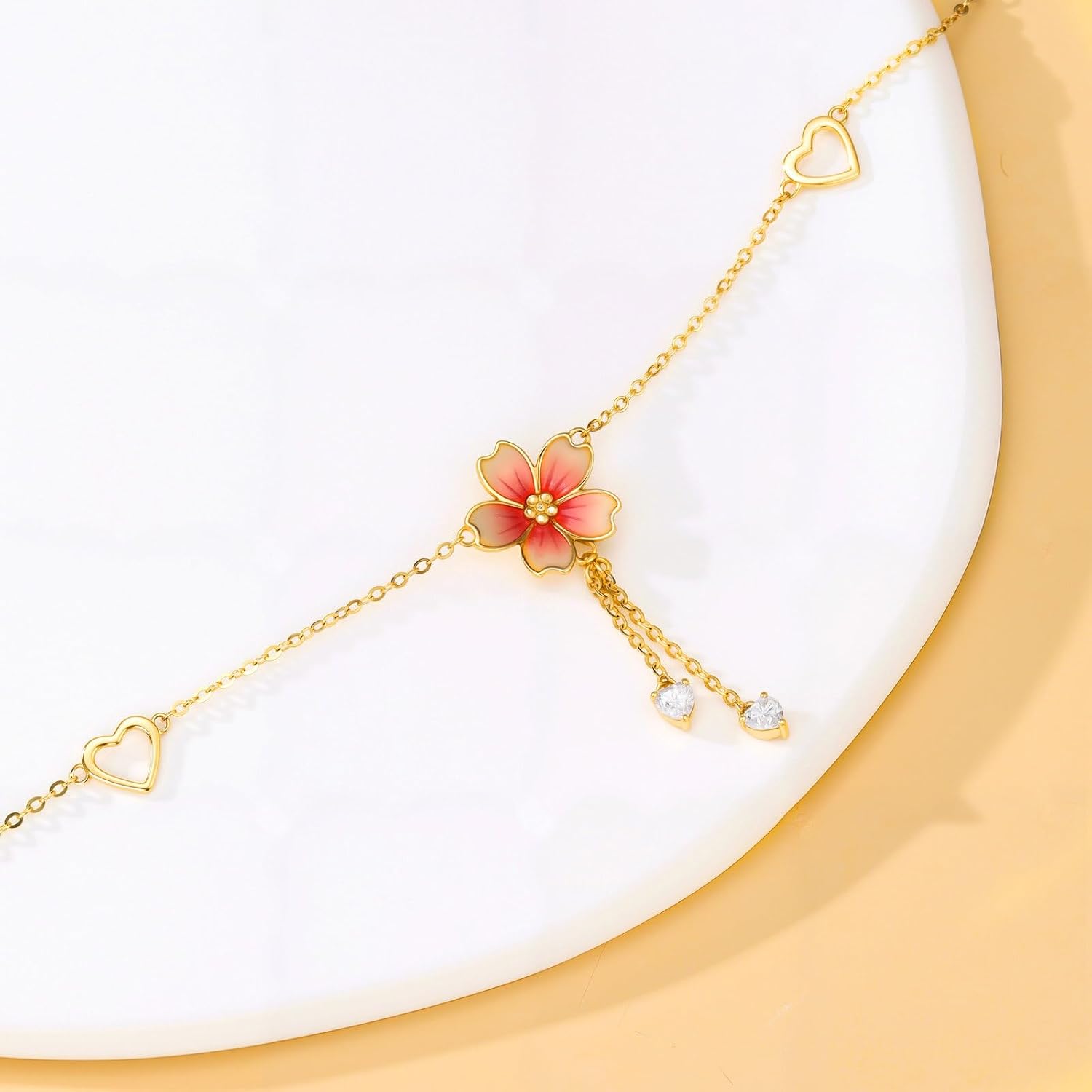 10K/14K Solid Gold Cherry Blossoms Dangle Anklet for Women,Dainty Moissanite Hearts Flower Anklets Foot Link Anniversary Birthday Jewelry Gifts for Wife Mom 8''+2'' - Image 2