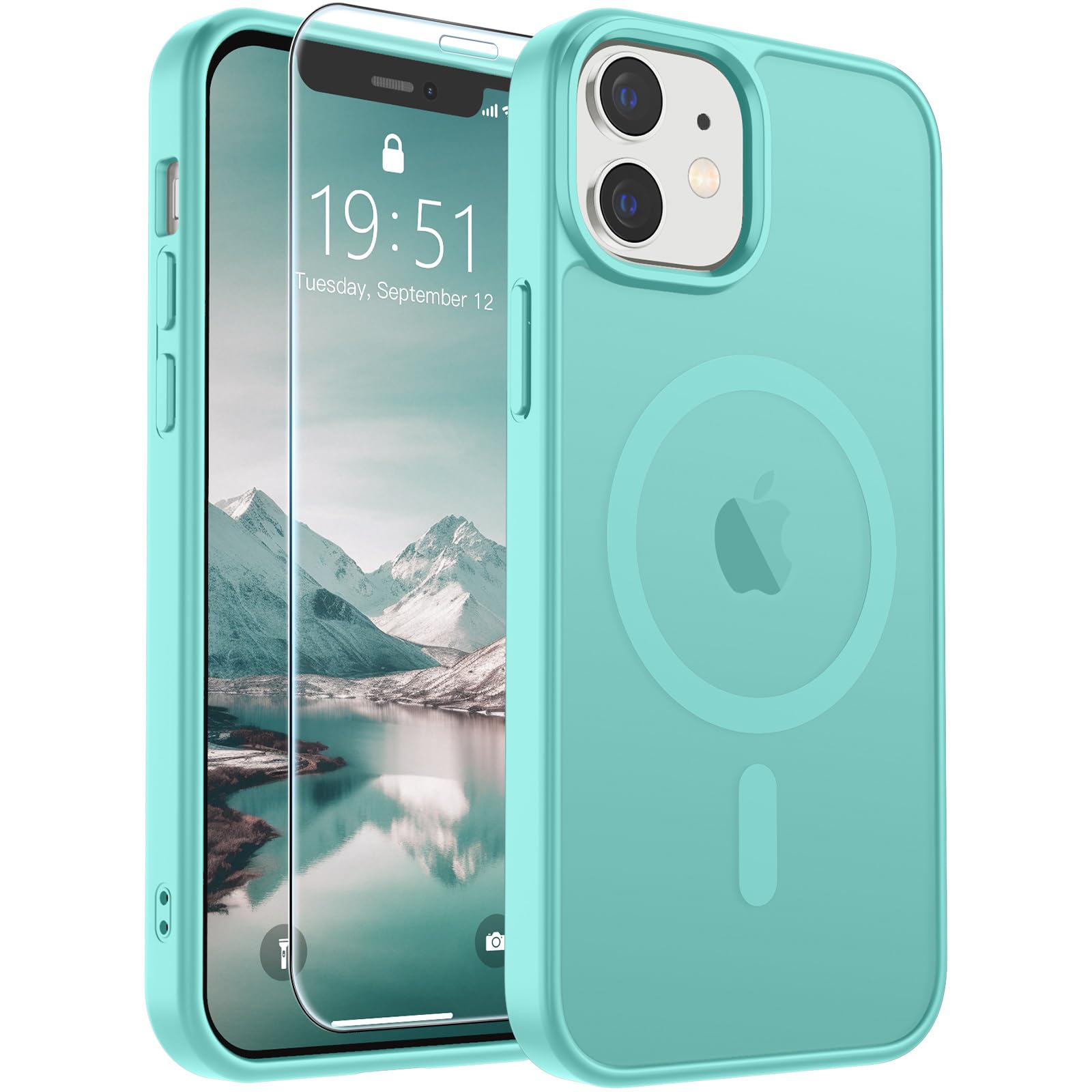 SUPFINE Magnetic for iPhone 12 Case/iPhone 12 Pro Case Blue Green | With Screen Protector, Translucent Matte, Compatible with MagSafe, Military Grade Drop Proof, Rugged Shockproof Protective