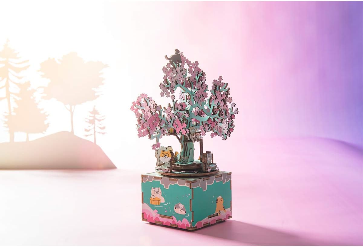 ROBOTIME 3D Puzzle DIY Music Box Puzzle Wood Model Kits to Build Rotating Cherry Blossoms Tree Craft Kits Unique Gift for Age 14+
