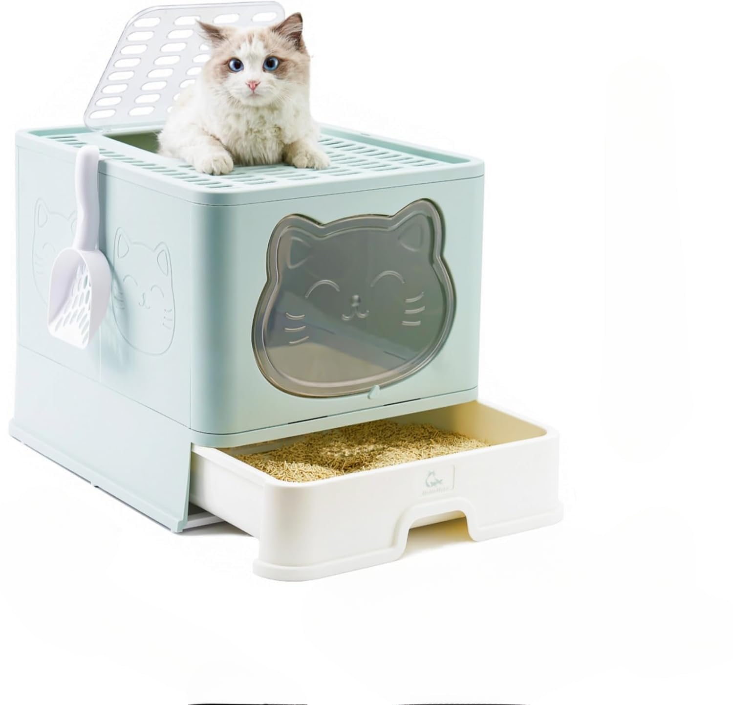 PSK PET MART Fully Enclosed Litter Box with Lid, Foldable Extra Large Cat Toilet, Drawer Type Litter Tray with Plastic Scoop, Suitable for Under 17.6Ib(8kg)
