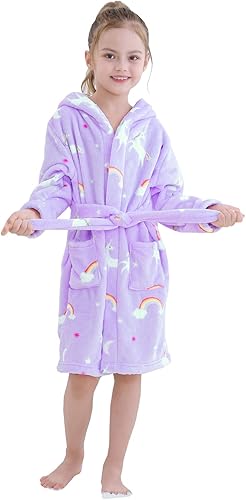 Umeyda Girls Fleece Hooded Robes, Warm Printed Bath Robe for Kids Soft Fuzzy Bathrobe for Gifts, 1-12 Years
