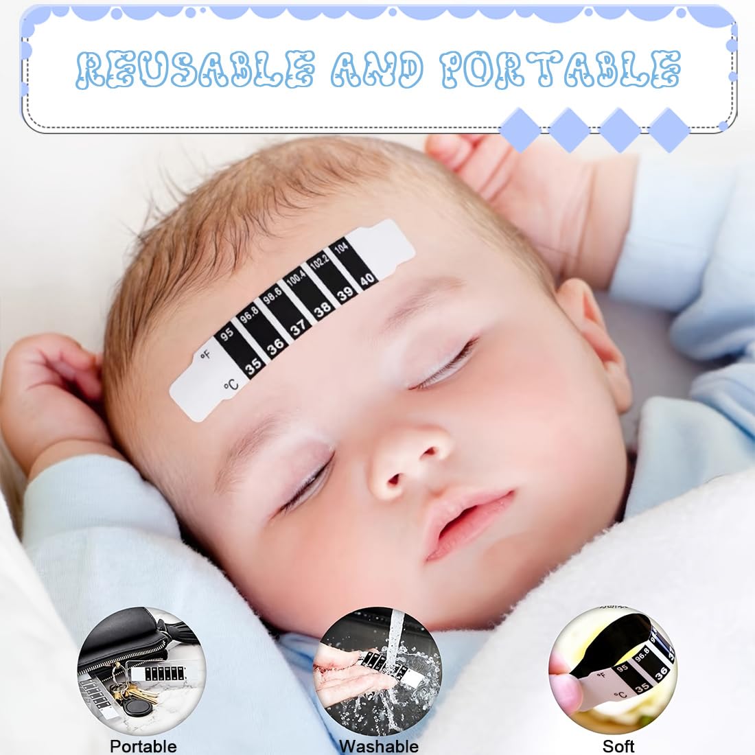 20 Pièces Bandes de Thermomètre Frontal Fiable, Autocollant Portable Réutilisable pour Vérifier la Température de Bébé, Adulte, Thermomètres de Voyage pour sac à Main