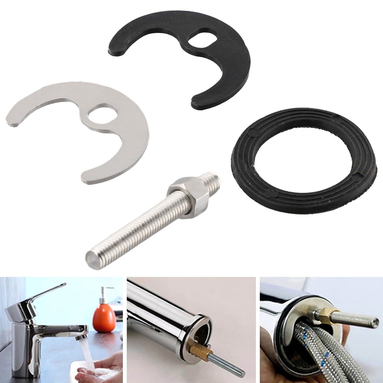 Niceminiwall Kit de reparación de grifo de fregadero de cocina, juego de montaje monobloque de 4 piezas con perno de 60 mm, junta de acero, arandela de goma para grifo de lavabo, piezas de reparación