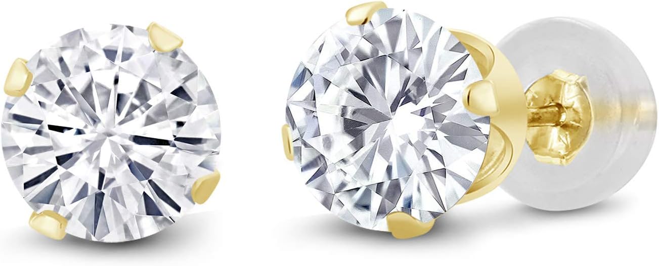 Gem Stone King 14K Yellow Gold White Moissanite Stud Earrings For Women Men | 2.00 Cttw | Round 6.5MM | G-H Color | Gold Earrings For Women Men