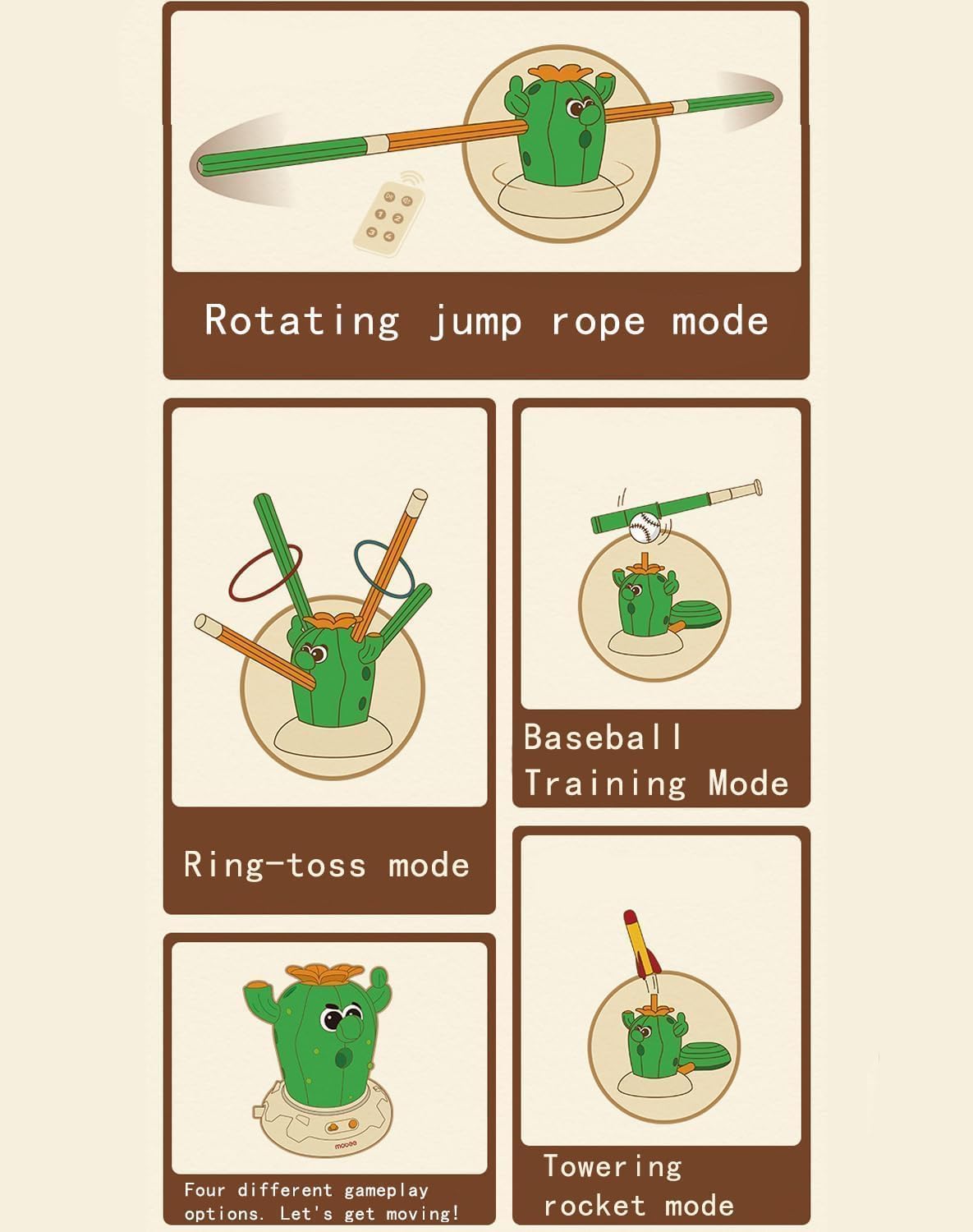 4 in 1 Cactus Toy, Cactus 4-in-1 Musical Jumping Toys Set, with Ring Toss, Stomping Rocket Launcher and Baseball Game, Fun Indoor and Outdoor for Active Play Sports