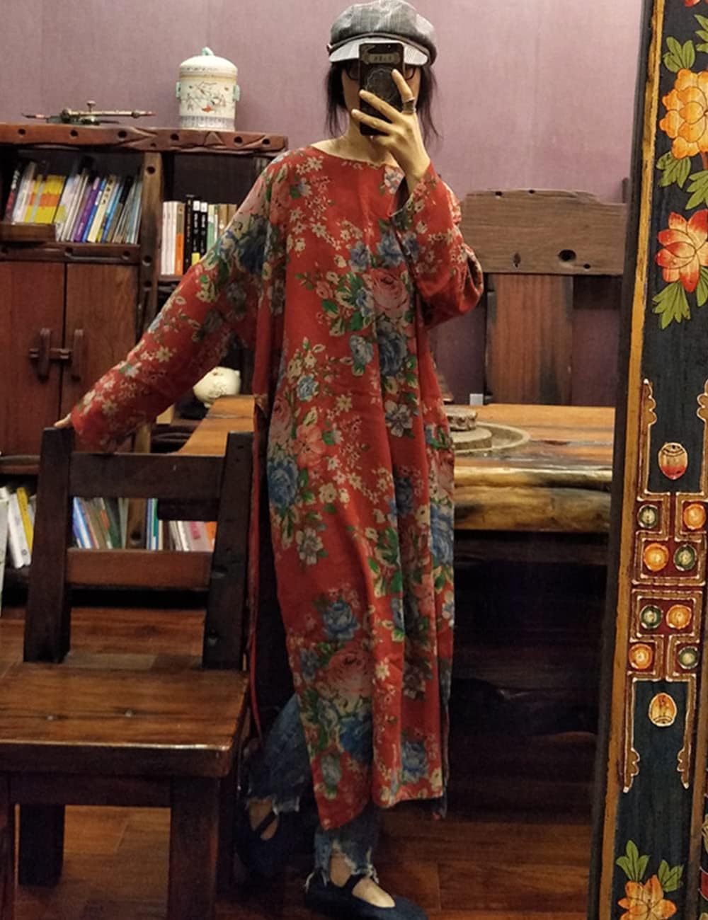 NFYM Women Vintage Floral Print Dress Cotton Long Sleeve Side High Split Drawstring Loose Robe Dress - Image 5