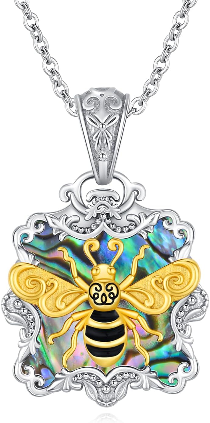 Bee/Butterfly Necklace for Women 925 Sterling Silver Bee/Butterfly Pendant Necklaces with Abalone Shell Animal Jewelry Gifts for Women