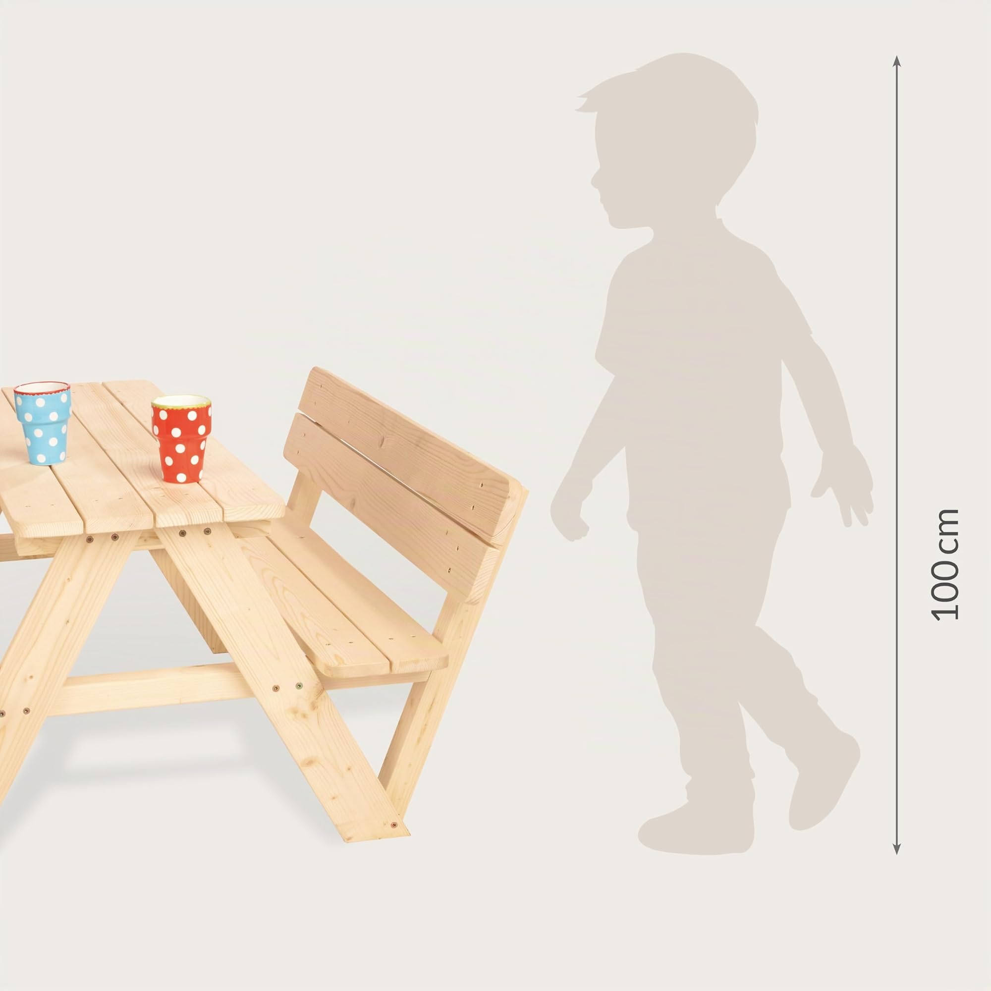 PINOLINO Nicki para 4 con respaldo juego de asientos para niños - madera maciza, 2 bancos, 1 mesa, ergonómico, natural, ideal para niños de 2 a 7 años, jardín y terraza