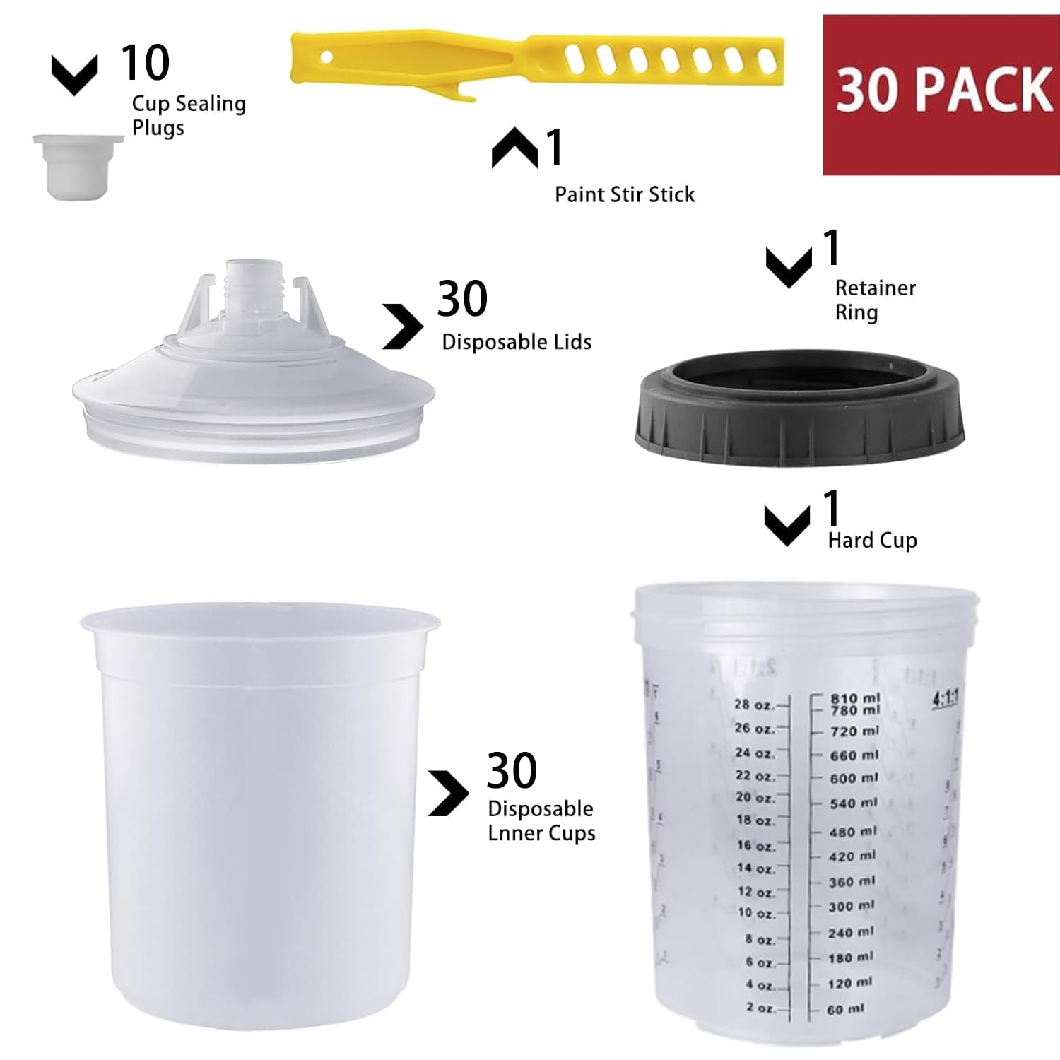 30 Stück Einweg Lackmischbecher für Lackierpistole - 800mL Becher mit Deckeln + 1 Rührstab (Komplettset)