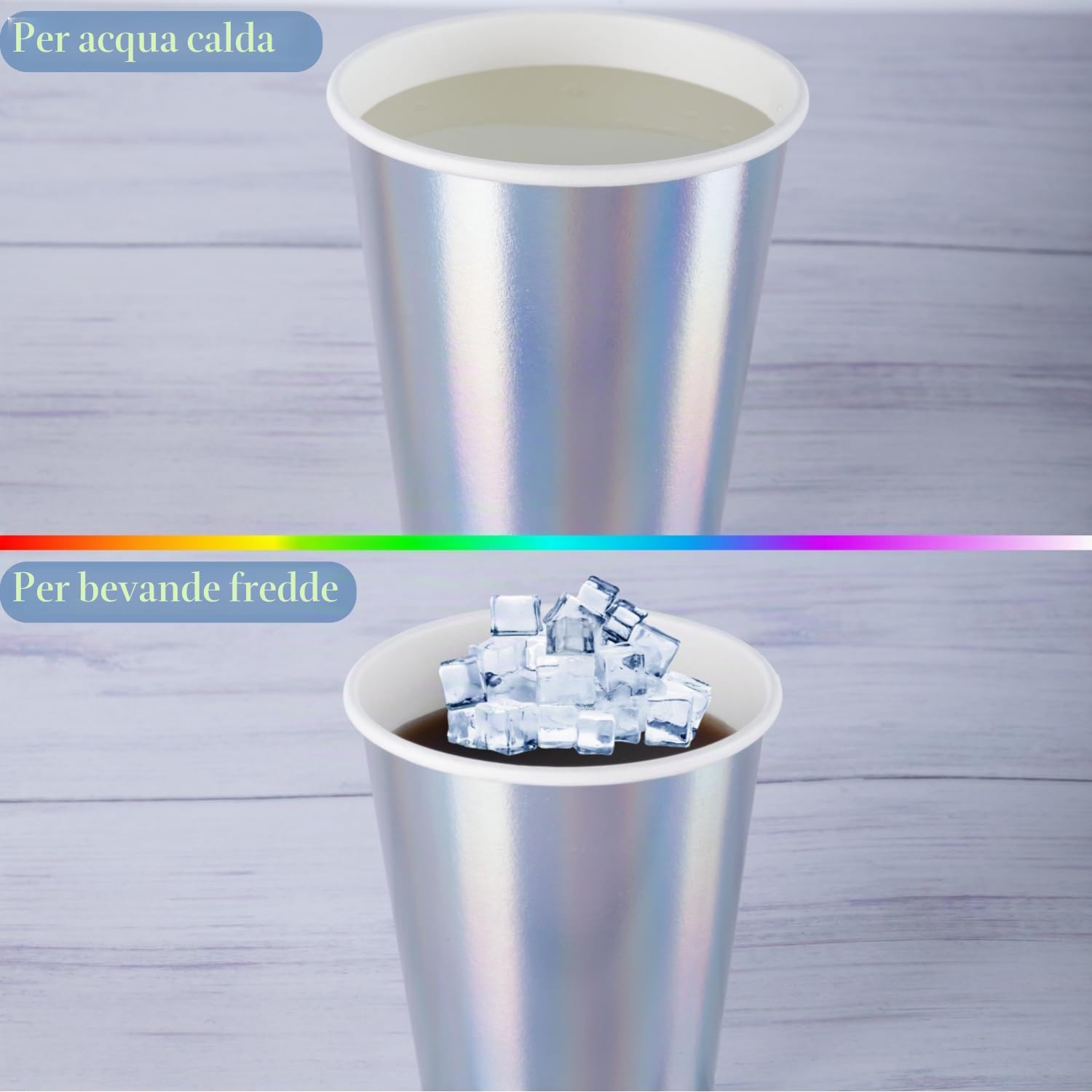CEILIWEN Confezione da 100 tazze di carta iridescenti olografiche arcobaleno - 250ml Tazze di carta lucide argentate metalliche per bevande calde e fredde