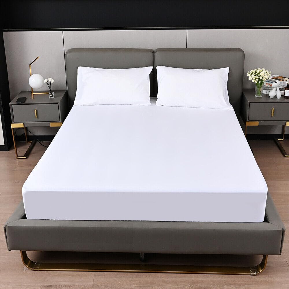 KHIM Luxury Extra Deep Fitted Sheet 16”/40CM Breathable Poly Cotton Plain Soft Long-Lasting Bed Sheet Single Double King Super King (White - Image 2