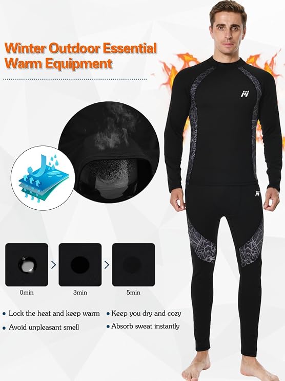 Men's Thermal Underwear Set, Winter Base Layer Compression Suit Long Johns for Running Skiing
