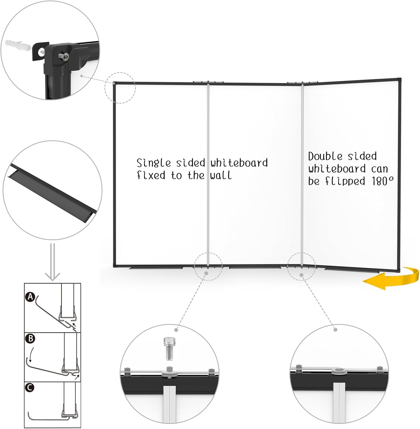 Large White Board for Wall,Magnetic Dry Erase Whiteboard,Foldable 72x48 Inches,Black Aluminum Frame, with 3PCS Detachable Marker Trays for Office and Home
