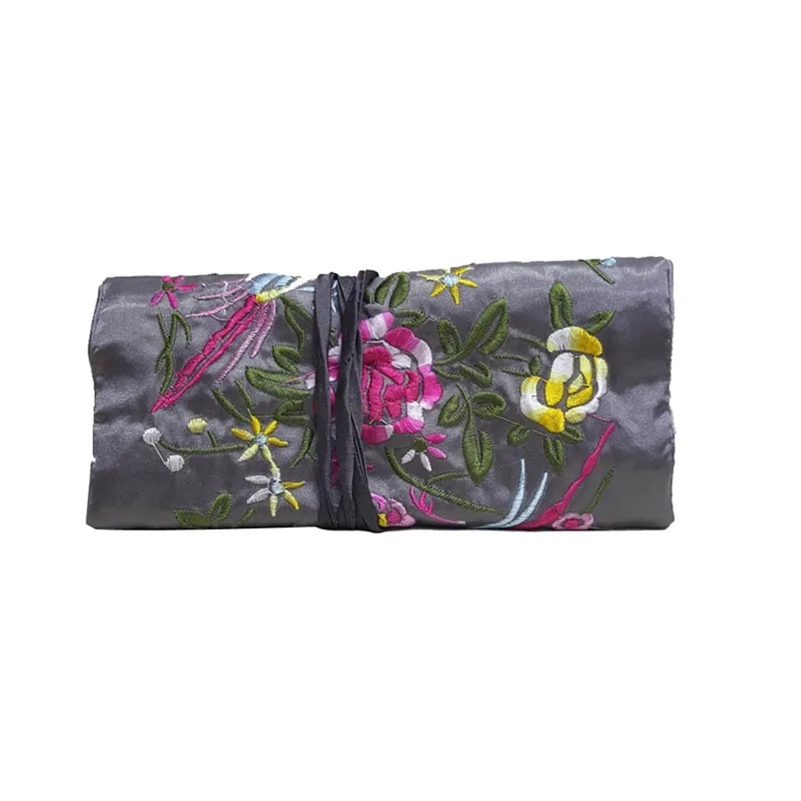 Pochette Bijoux Voyage Lot de 12 sacs rangement brodés en soie for bijoux, pochette voyage, fermeture éclair, rouleau broderie(Grey)