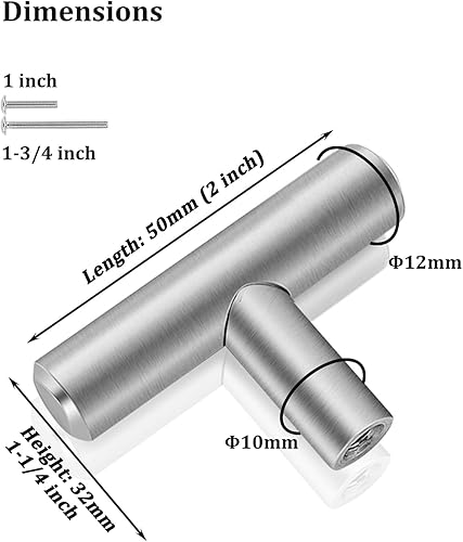 Miniatura 5 de Gobrico Manijas de níquel cepillado con barra en T de un solo agujero para armario, cocina, 2 pulgadas (1.969 in) de longitud entera, paquete de 5