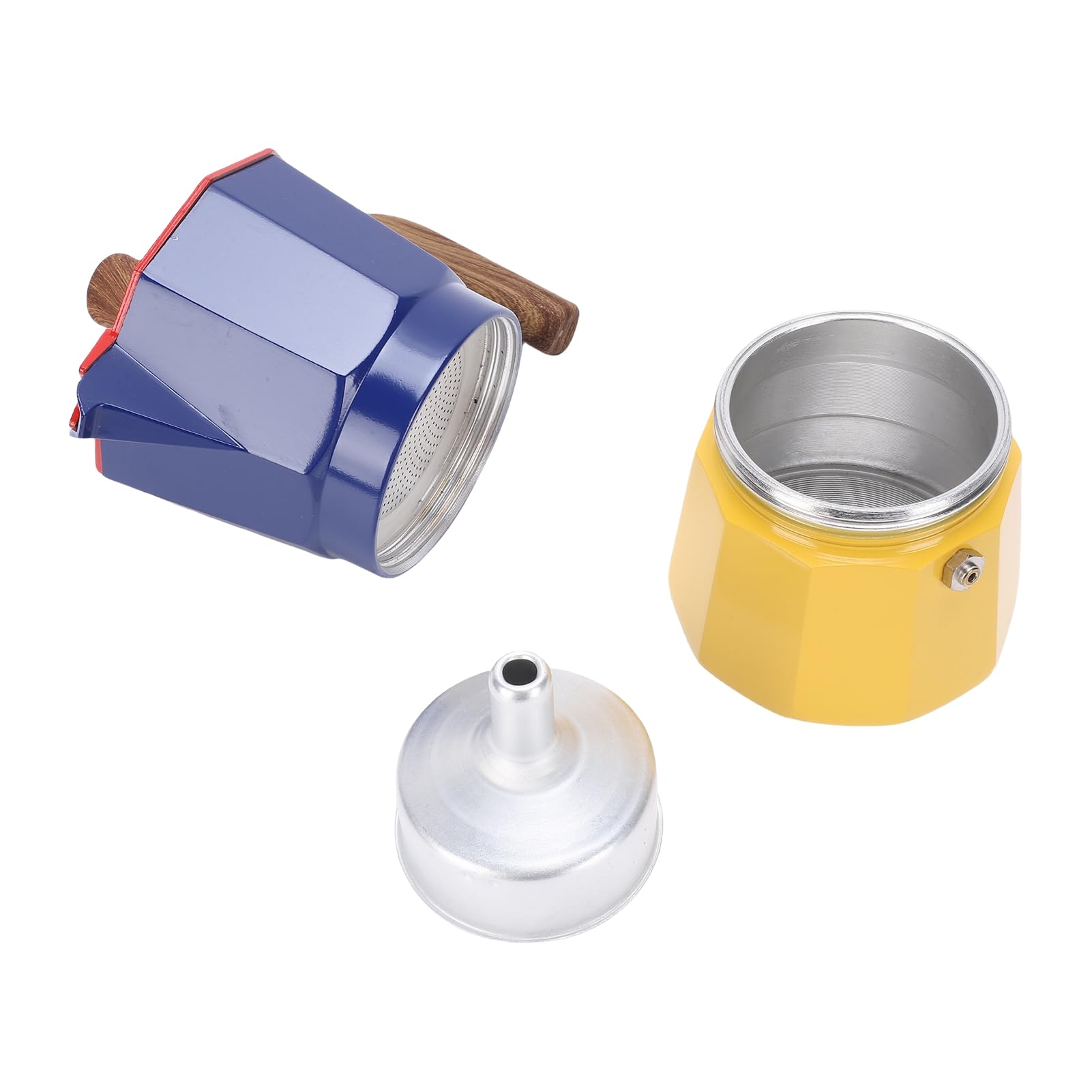 Italienische Kaffeekanne, 150 Ml 3 Tassen Herd -Espressomaker Moka -Topf Aluminium -Kaffeemaschine mit Anti -Skalding -Griff und Silikondichtung Zum Camping zu Hause (Rotblau und Gelb)