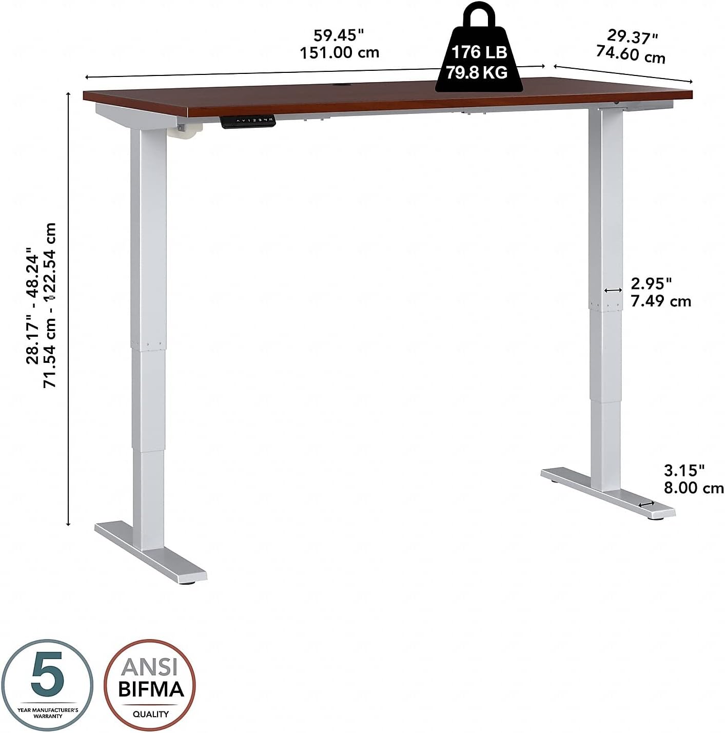 Diagram showing the dimensions of the Bush Business Furniture Move 40 Series Electric Height Adjustable Standing Desk, including width, depth, height range, and weight capacity of 176 lbs.