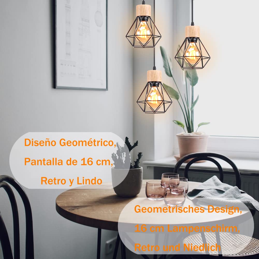 Pendelleuchte Vintage Industrial 16CM Hängelampe mit Geometrischem Design E27 Lampe aus Holz Eisen Käfig Lampenschirm Schwarz Hängeleuchte für Esstisch Küche (Pendellampe 3-flammig, Rondell)