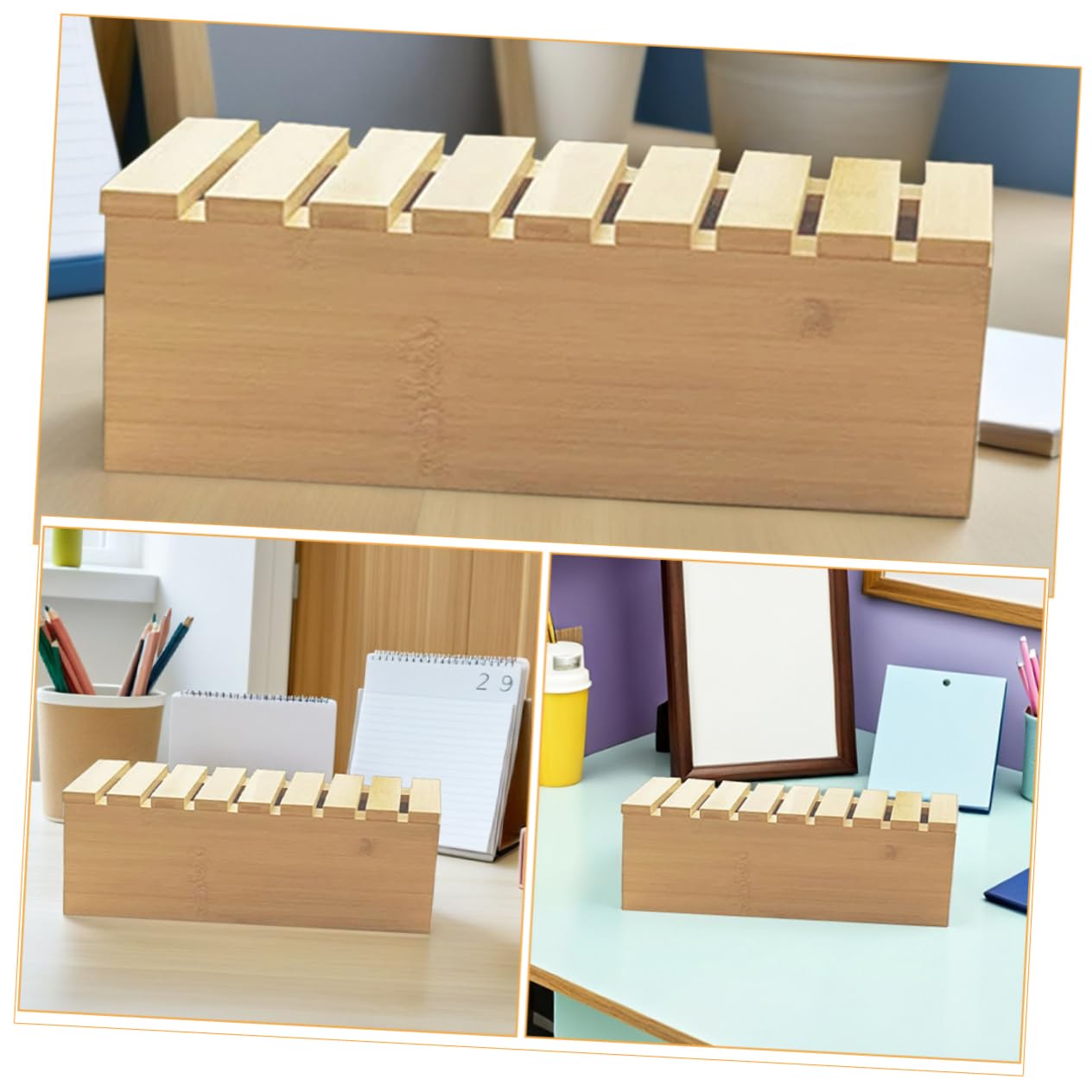 Organizer da Scrivania in Legno Beige con Supporto Telefono | Gestione Cavi Integrata, Scatola per Multipresa, Design Elegante per Ufficio e Studio Domestico