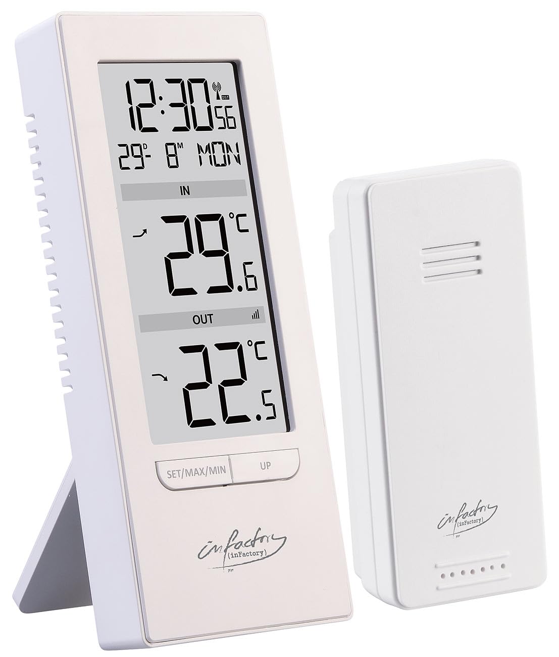infactory Digitale Temperaturstation Funkthermometer – Innen-/Außenthermometer, Funkuhr, weiß