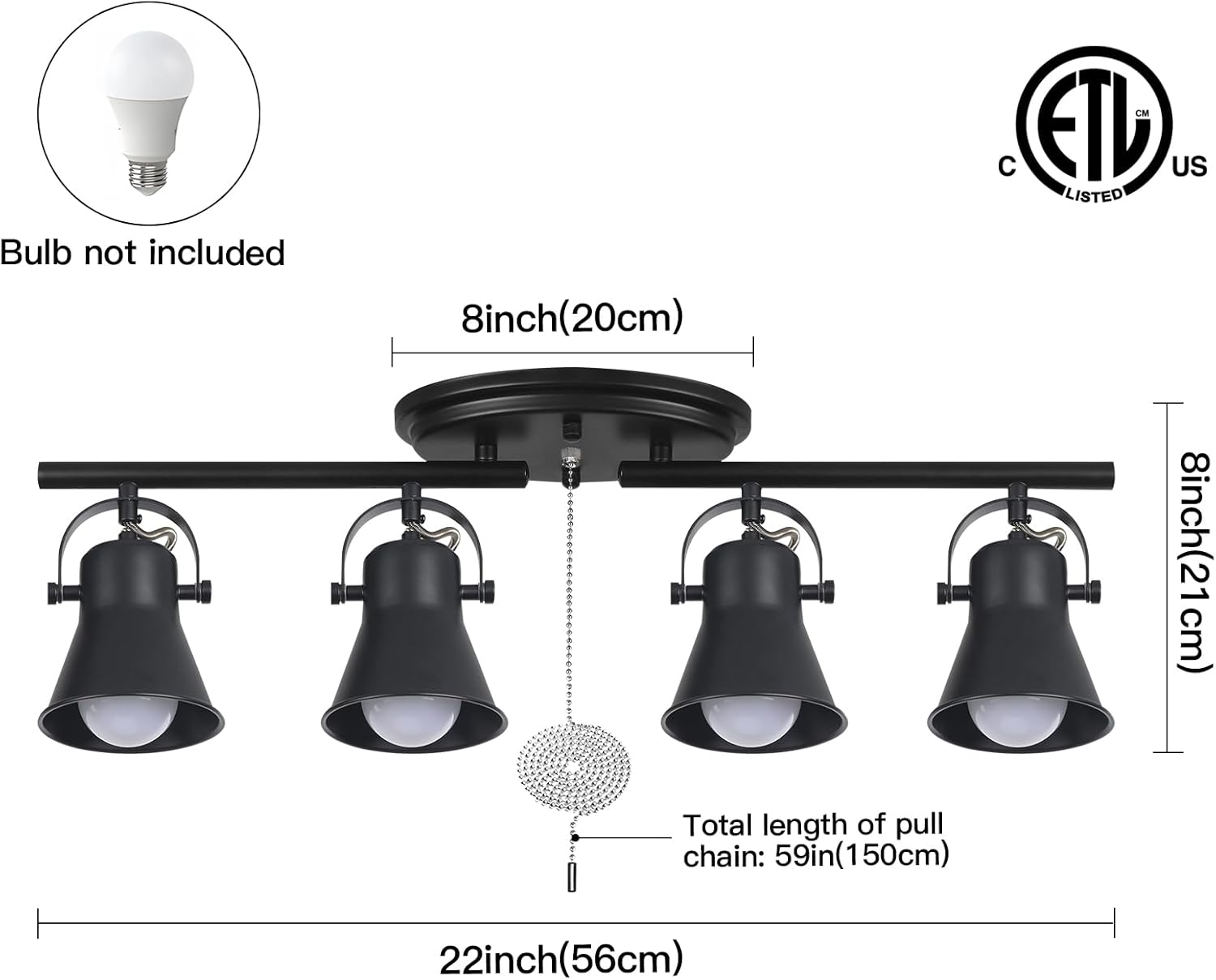 SEEBLEN 4-Light Track Lighting with Pull Chain, Black Kitchen Track Lighting Fixtures Ceiling with Flexibly Rotatable Light Heads, Pull Chain Light for Kitchen, Living Room, Dining Room, Hallway.