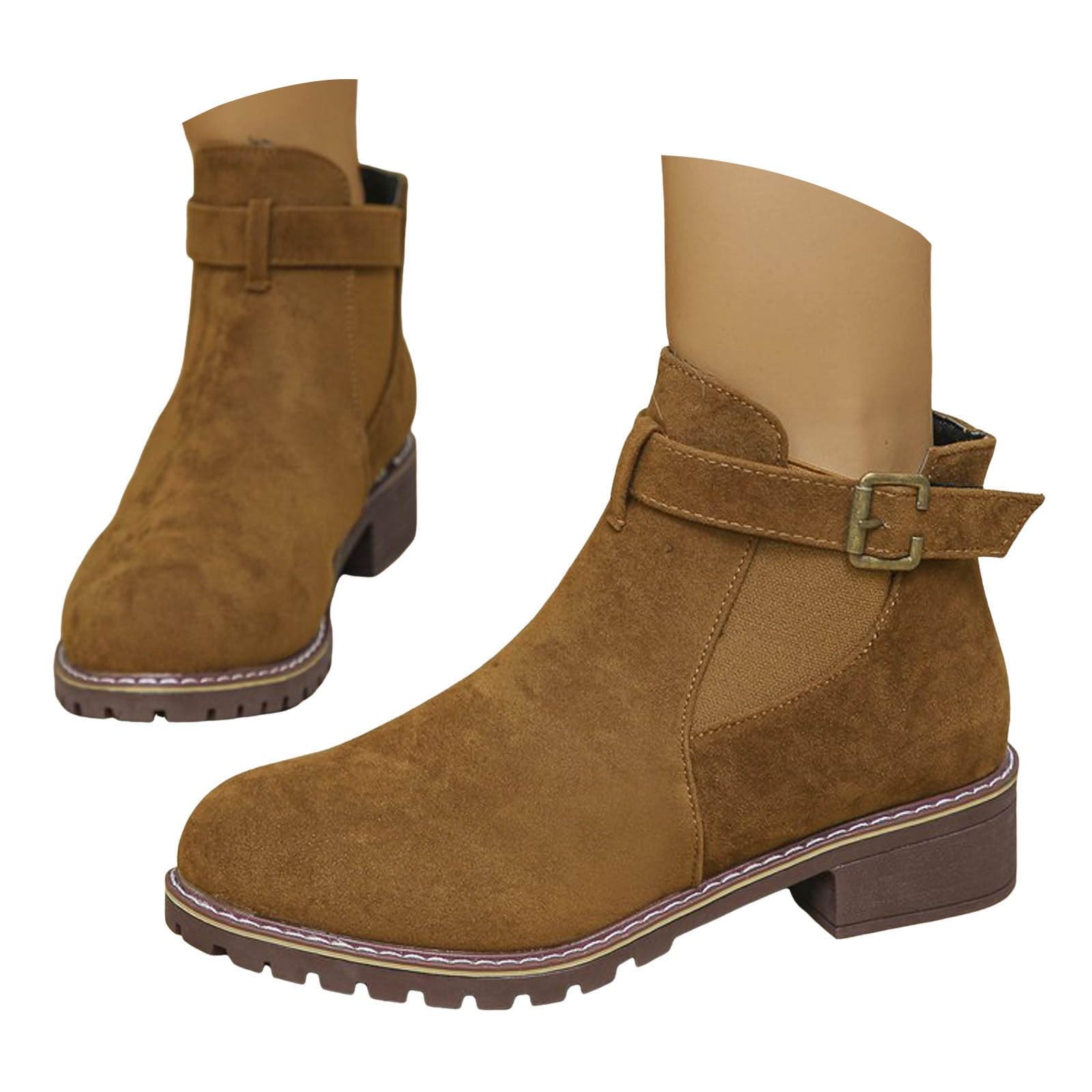 Women Casual Ankle Boots Platforms Vinatge Suede Leather Chunky Block Heels Side Zip Round Toe Leopard Print Buckle