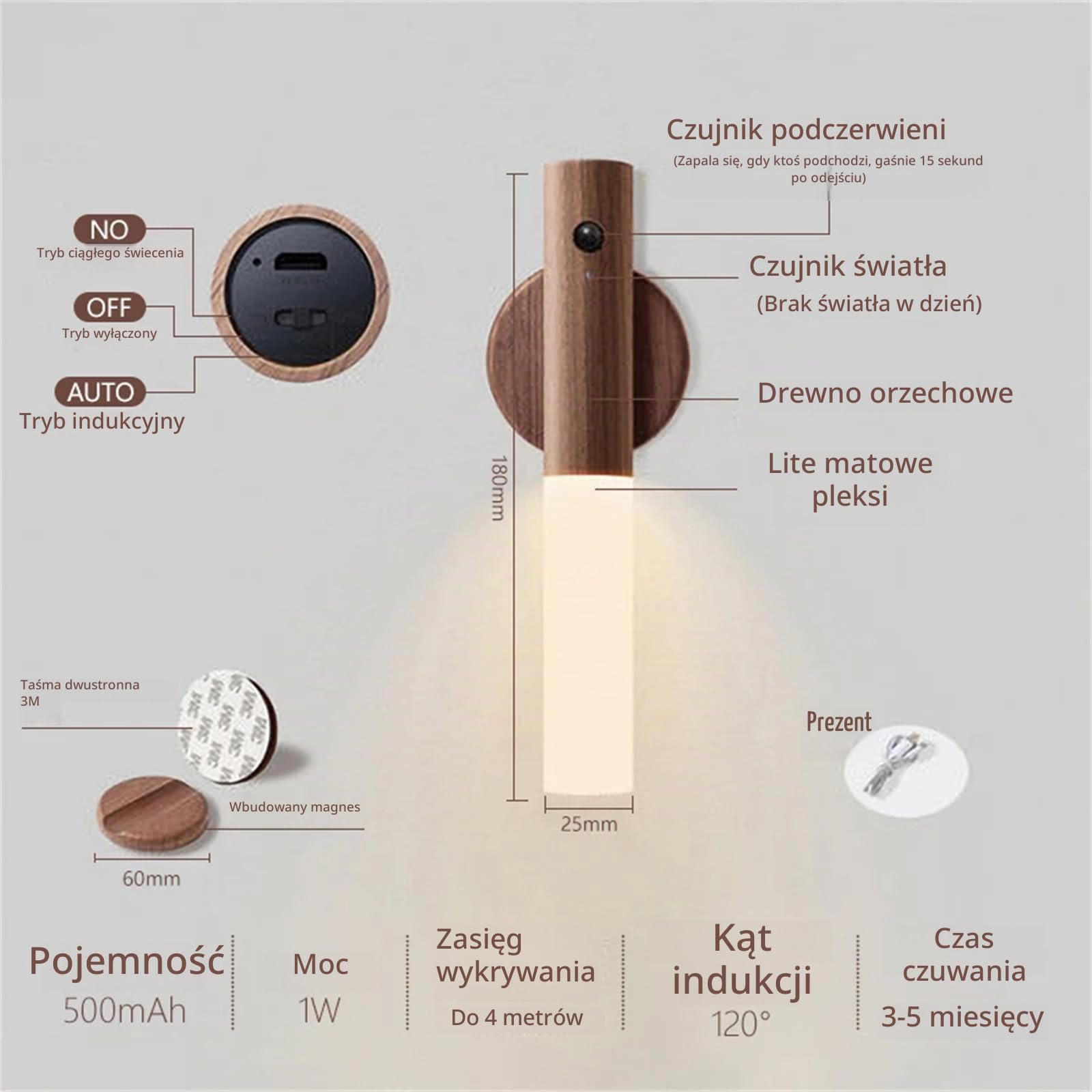 Wewnętrzna lampka nocna LED z czujnikiem ruchu, drewniana lampa ścienna, magnetyczna, ładowana przez USB, bezprzewodowa bateria, kinkiety z przełącznikiem, sypialnia, klatka schodowa, pokój dziecięcy,