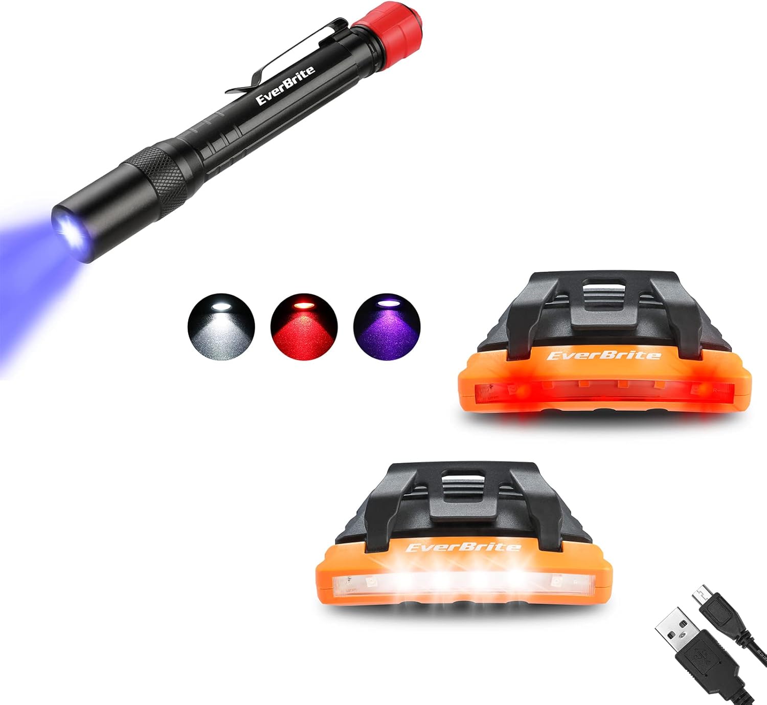 EverBrite 2 Pack Rechargeable Hat Light + Flashlight with Red/UV/White Light