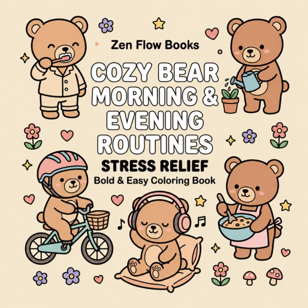 Cozy Bear Routines: A Cute Stress Relief Coloring Book with Simple and Relaxing Bear Activities, Bold and Easy Designs for Adults and Teens