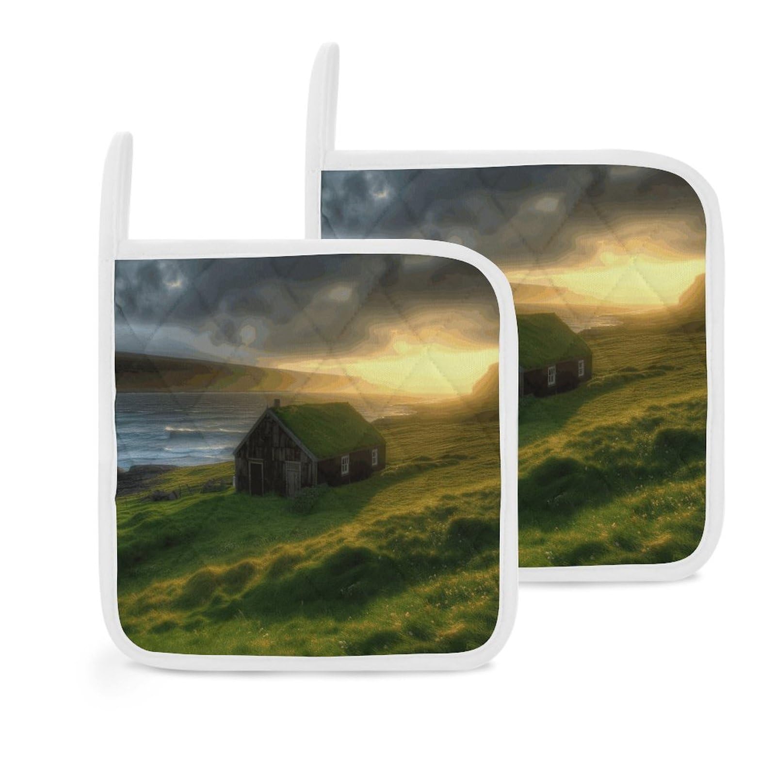 Btcowzrv Style Iceland Hut Grass Coast Sea Sun Rays 2 Pack Pot Holders For Kitchen, Heat Resistant Potholder Set With Hanging Loops, Hot Pads For Oven Baking Cooking