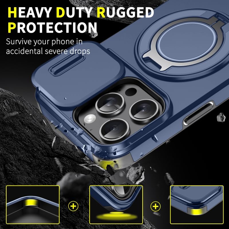 Image of LuxuryKase Shockproof Rugged Case for iPhone 16 Pro | Slide Camera Cover | 360 Rotating Ring Kickstand | Military-Grade Protection - Navy Blue