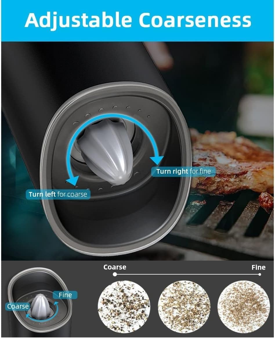 Spice Mill Electric Salt & Pepper Grinder Set Automatic Operation Salt Pepper Mills with LED Light Adjustable Coarseness (Color : Black)