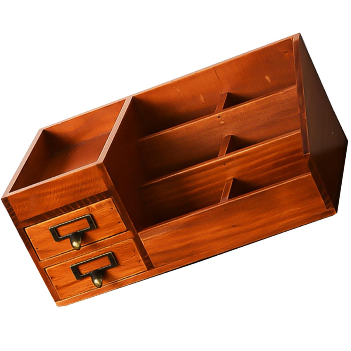 Porta Oggetti da Scrivania in Legno 6 Scomparti e 2 Cassetti, Organizer Multifunzionale per Piccoli Oggetti, Elegante e Decorativo per Casa e