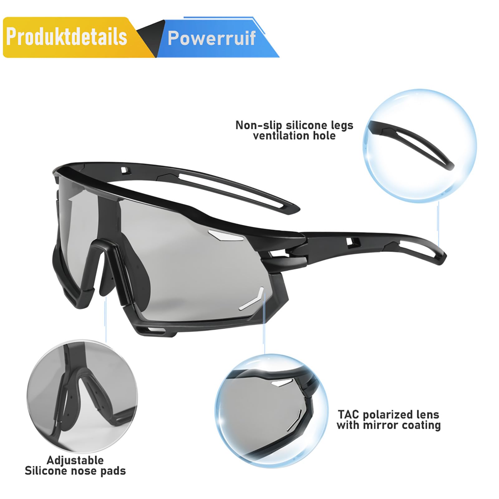 Powerruif Cycling Glasses, Self-tinting Sunglasses, Men, Women, UV400 Protection, Sports Glasses - Image 2