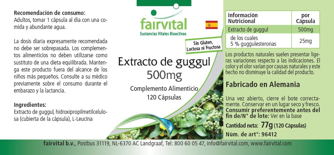 fairvital Extrait de guggul 500mg, 120 gélules, 5% de guggulstérones, qualité certifiée et hautement dosé, 100% végétalien, fabriqué en Allemagne