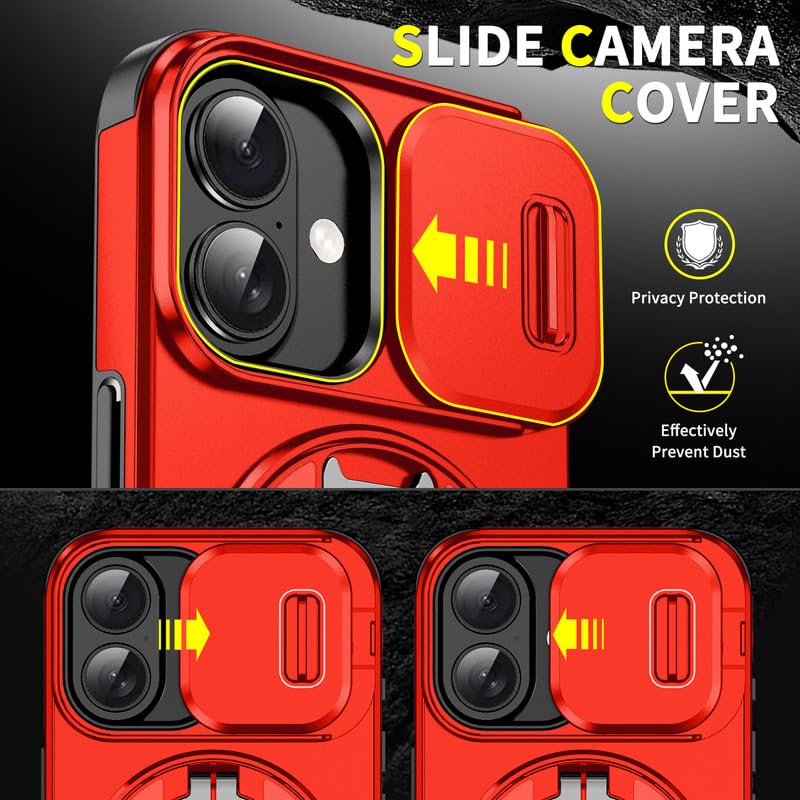 Image of LuxuryKase Shockproof Rugged Case for iPhone 17 | Slide Camera Cover | 360 Rotating Ring Kickstand | Military-Grade Protection - Cherry Red