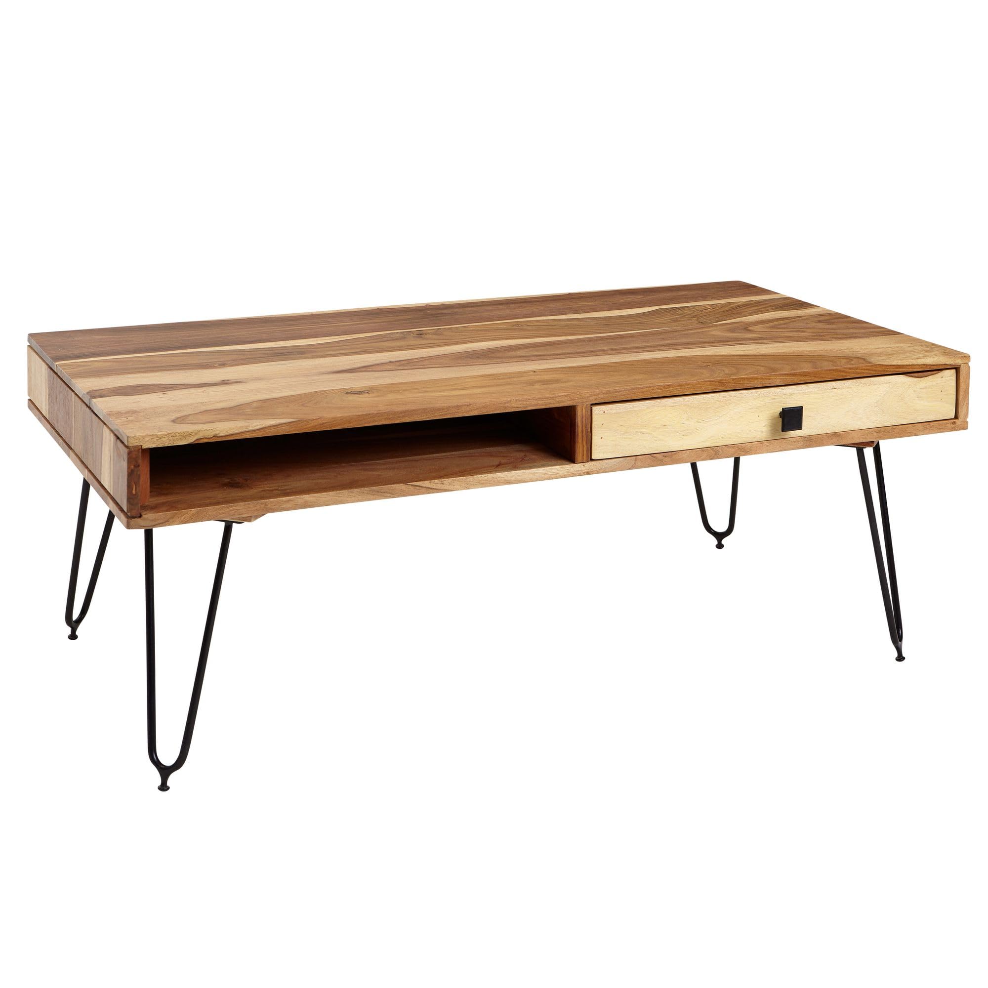 FineBuy Couchtisch 110x60x40 cm Akazie Massivholz, Hairpin Beine | Wohnzimmertisch Industrial mit 2 Schubladen und Ablagefächern, Sofatisch aus Echtholz, handgefertigt