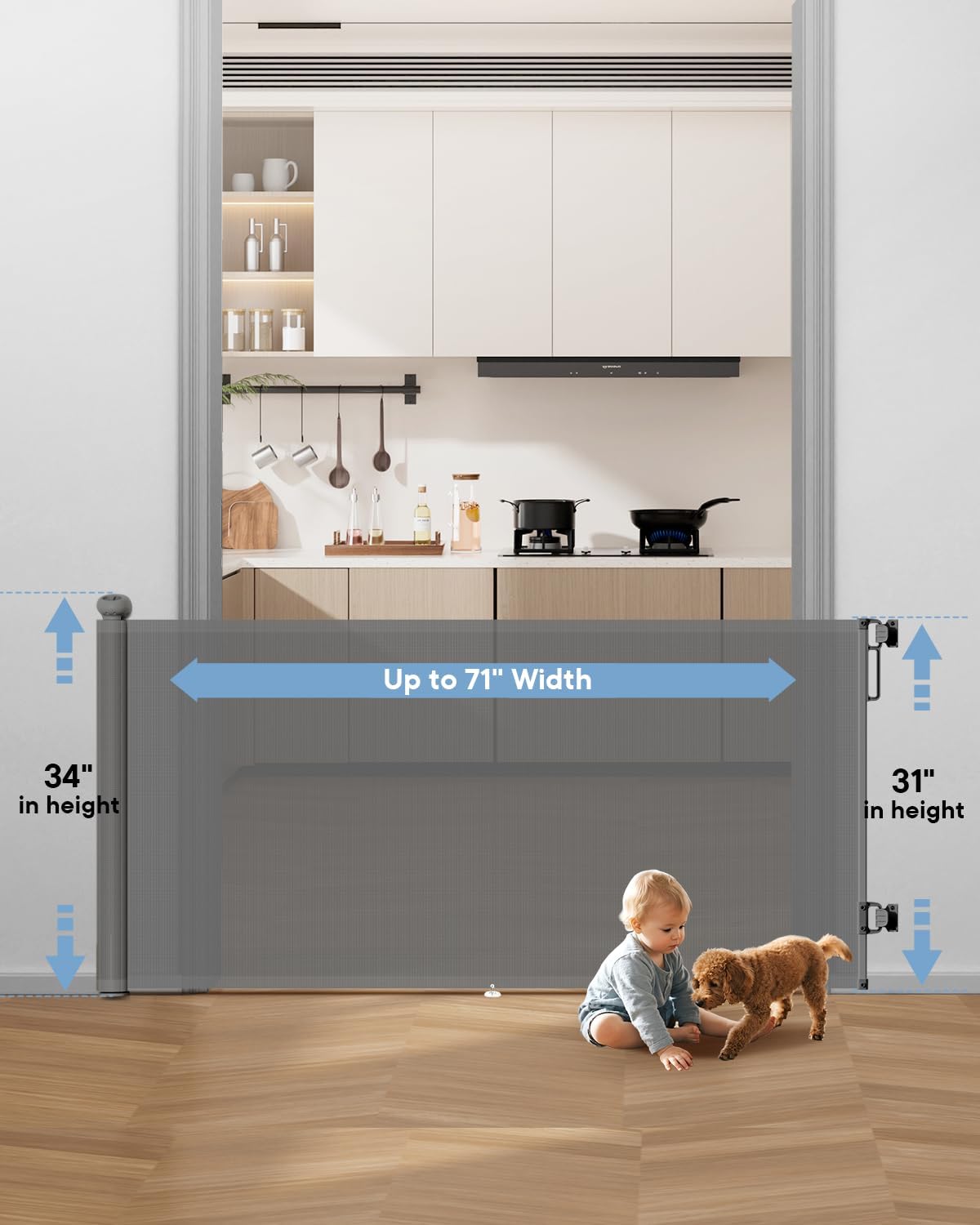 similar retractable baby gate for stairs – 37x75 height, expands up to width, safety gate for infants, toddlers, dogs & pets, easy install, gray puppy gate for indoor & outdoor use, gray gray 71\\\"x34\\\"