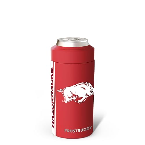 Frost Buddy Universal Can Cooler - Fits 12 & 16 oz (Arkansas) | 20x colder, cold up to 24 hrs | Sleek, lightweight design | Premium build quality | Coffee-mug ready with add-on lid - Crimson Arkansas Stripe