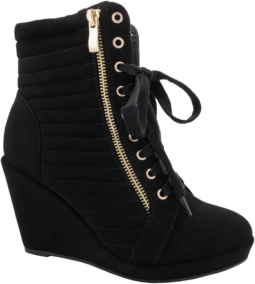 SNJ Women High Top Wedge Heel Sneakers Platform Lace Up Shoes Ankle Bootie Trends