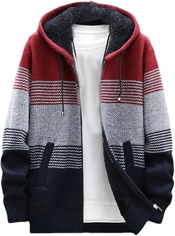 Rfmfkkg Men Striped Cardigan Sweaters Fleece Knitted Jacket Coat Warm Zipper Wool Hooded Cardigan Coats
