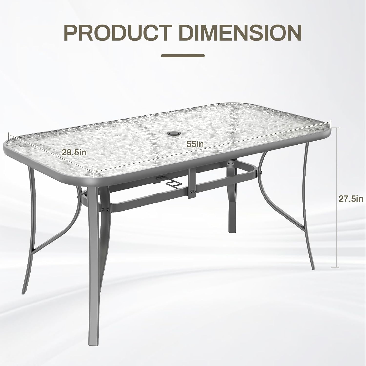TLSUNNY Patio Outdoor Table W/ 1.69″ Umbrella Hole, 30"X 55" Rectangular Tempered Glass Patio Dining Table for 6, Outdoor Metal Furniture, All-Weather Use, for Patio, Graden, Backyard (Grey)