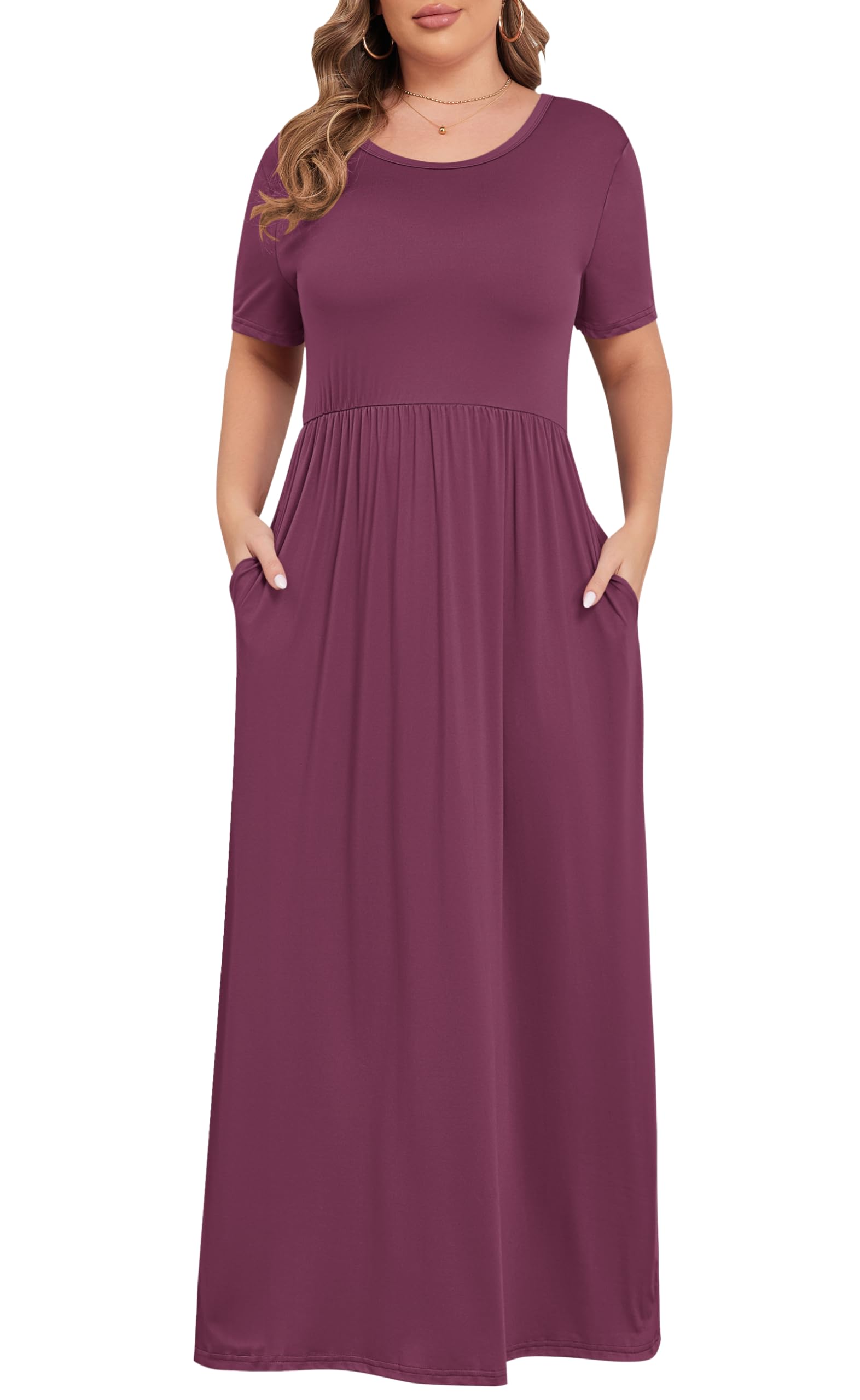 KARALIN Women Plus Size Maxi Dress Short Sleeve Round Neck Loose Fit A-Line