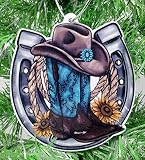 Western Country Cowgirl Themed Christmas Ornament with Cowgirl Hat, Boots, Rope and Horseshoe