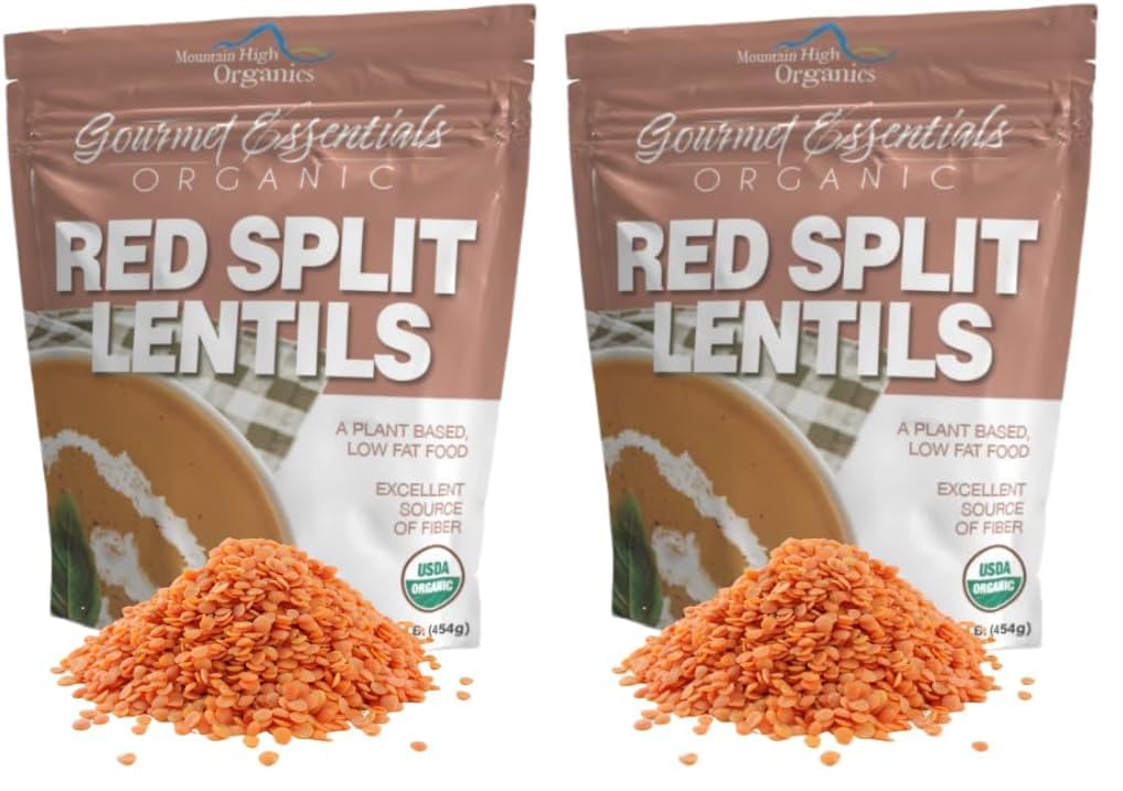 Mountain High Organics Certified Organic Dried Red Split Lentils, Bulk, Sproutable, Masoor Dal, Non GMO, Vegan, Plant Based Protein and Fiber,25 lb (Pack of 1)
