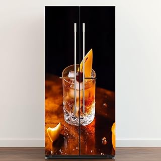 Self Adhesive Vinyl Refrigerator Wrap Alcoholic Old Fashioned Cocktail Classic Bourbon Whiskey Sugar Cube Door Mural Sticker Peel and Stick Removable Door Cover Fridge Wrap Decal for Kitchen Decor