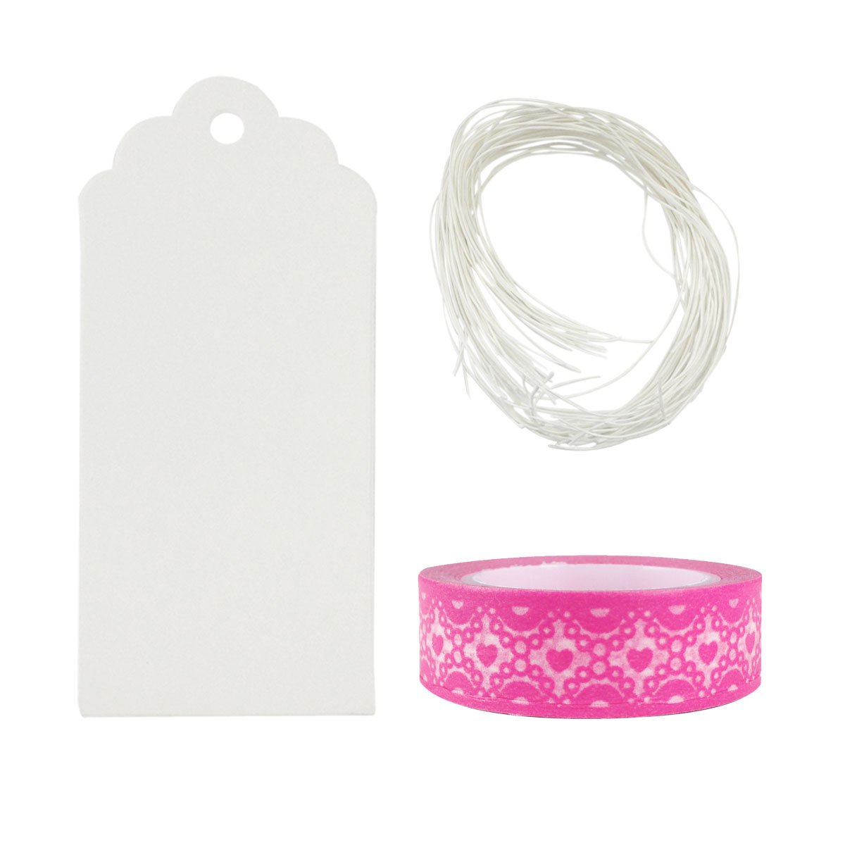 Wrapables Geschenkanhänger aus Kraftpapier, mit Schnur, 1 rosa Herzspitze, Washi-Rolle, 50 Stück