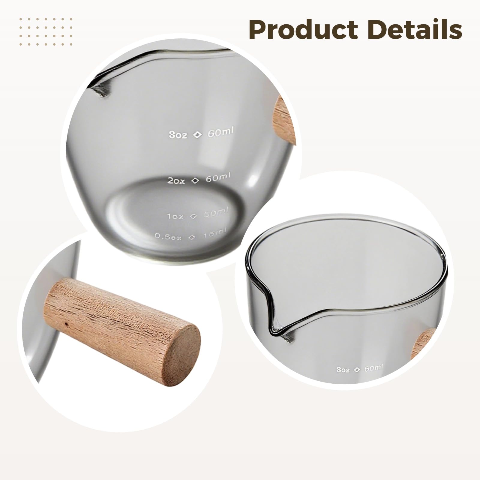 Generisch 2 Stk. Espresso-Shotgläser, 90 ml, 3 fl oz Espressotassen aus Glas mit Holzgriff, genaue Messskala, passend für Espressomaschinen, für Kaffeeliebhaber, mit sauberem Gießrand
