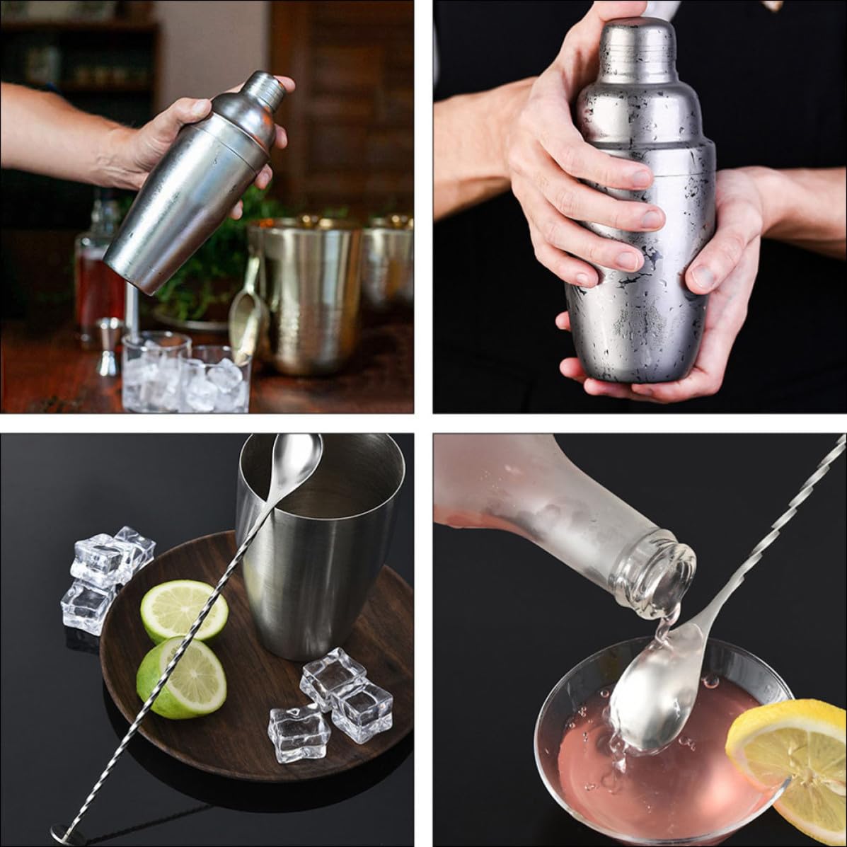 USHOBE Juego de Coctelera para Preparar Cócteles Soporte de Bambú de 12 Piezas de Acero Inoxidable en Reuniones Familiares y Banquetes