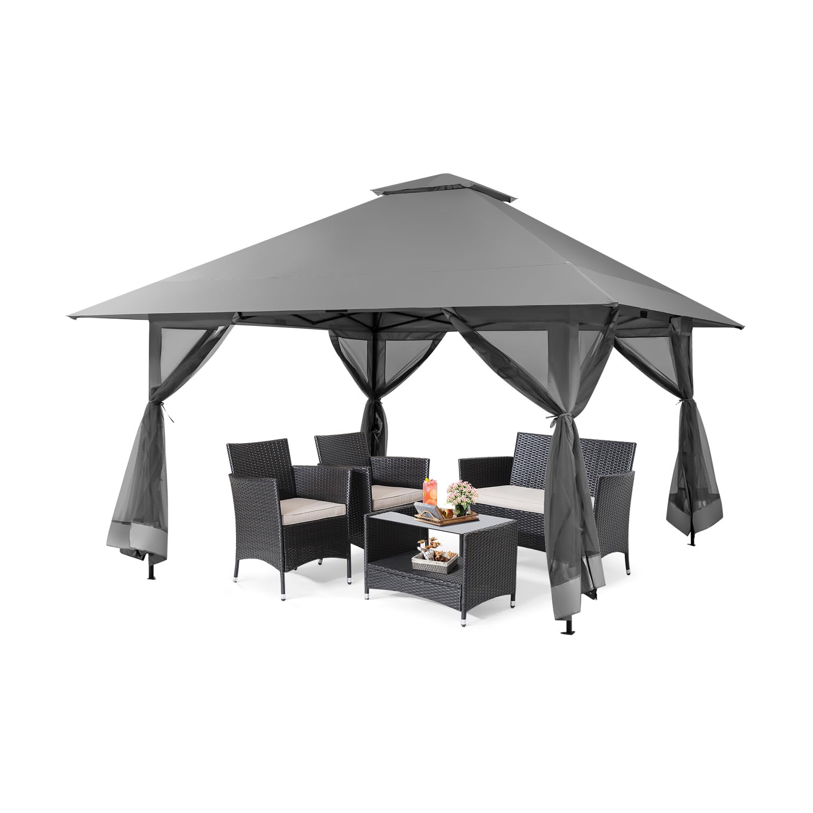 RELAX4LIFE Gazebo da Giardino 4x4M, Pop-up Pieghevole con Zanzariera e Doppio Tetto, Altezza Regolabile per Patio, Giardino e Cortile (GRIGIO)